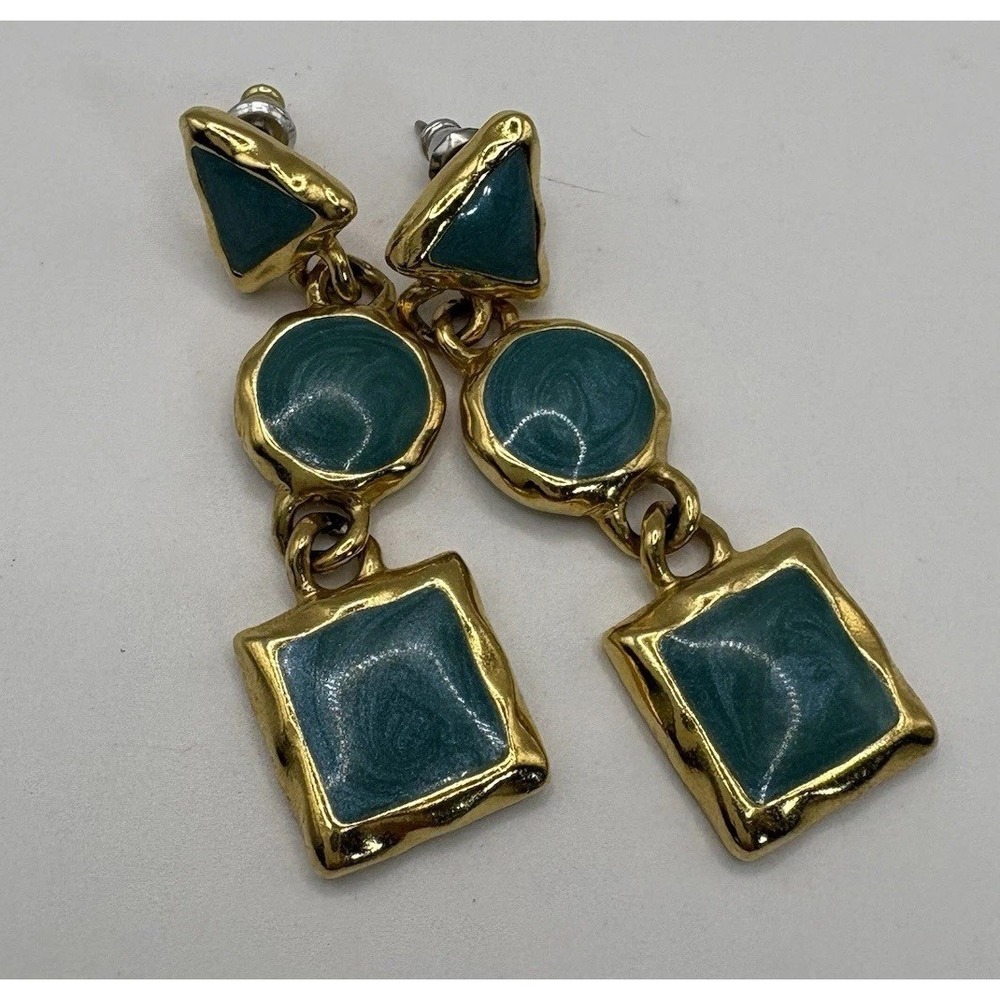 Vintage TRIFARI TM 1980s Art Deco Enamel Geometric Post Earrings Turquoise Gold